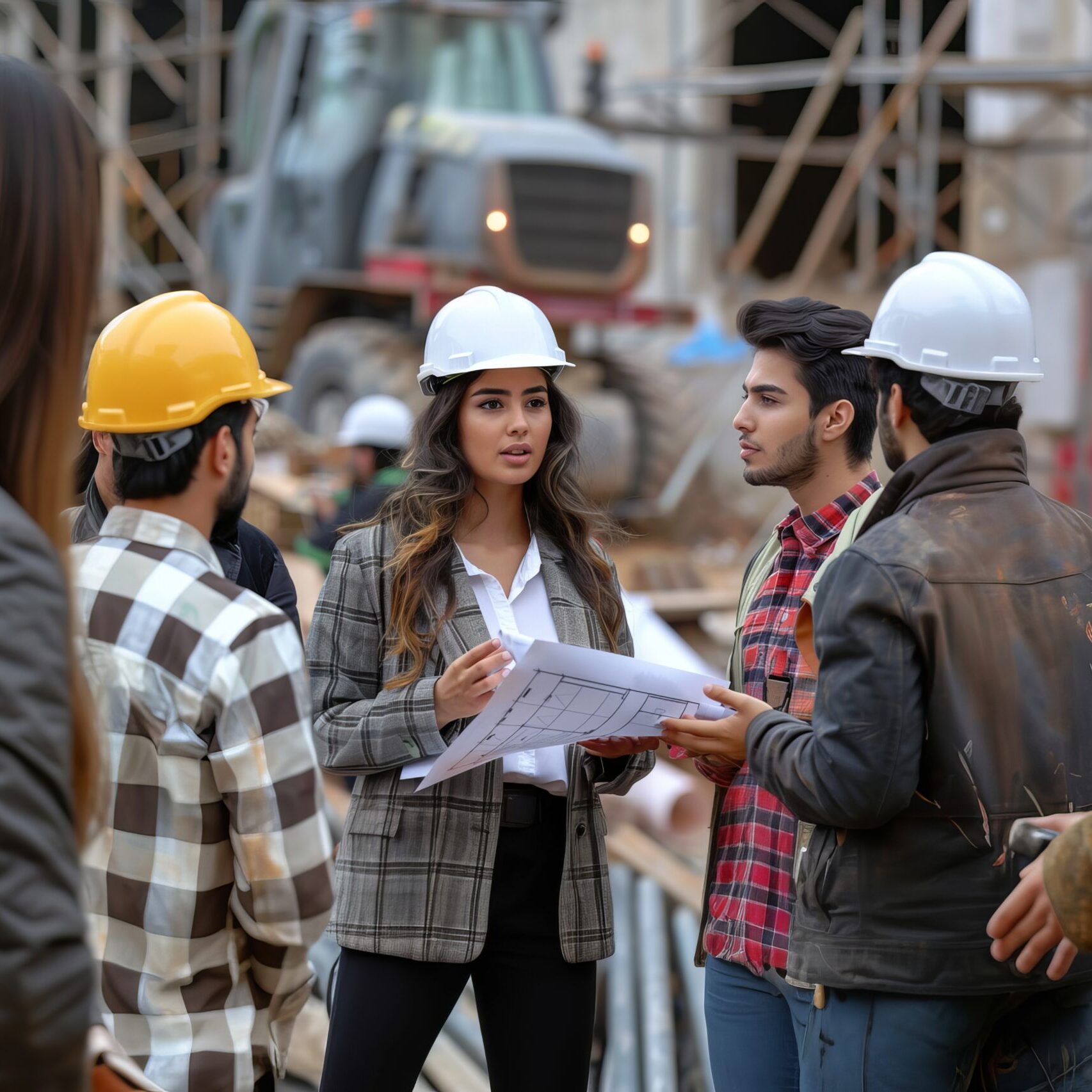 A woman who is the chief engineer at a construction site, wearing formal clothes and a white hard hat, talking to her employees while holding a blueprint in her hand --no close up --chaos 100 --ar 3:2 --style raw --sref https://s.mj.run/VKClpvl3dMQ --sw 700 --stylize 1000 Job ID: 5530a289-507c-49e0-9bbf-4898e84336c7